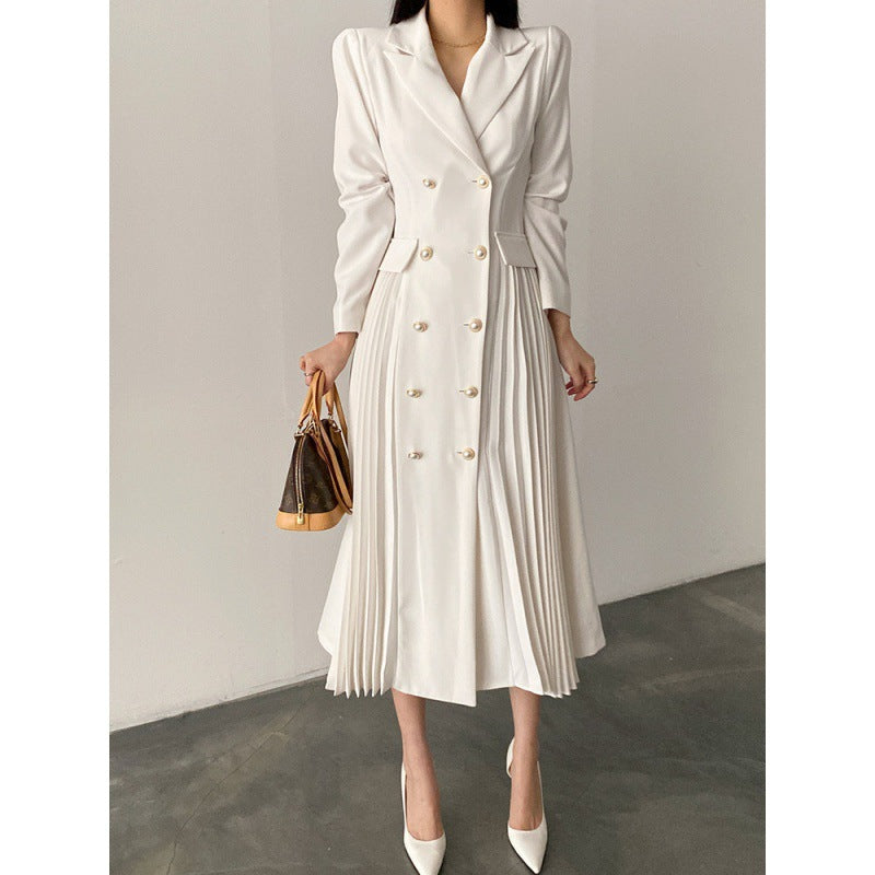French Style Elegant Special Interest Light Luxury Slimming Double Breasted Pleated Long Dress - SANDO 