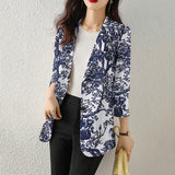Women's Button Printed Long-sleeved Pocket Vintage Cotton And Linen Blazer - SANDO 