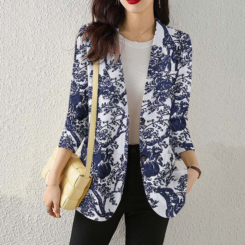 Women's Button Printed Long-sleeved Pocket Vintage Cotton And Linen Blazer - SANDO 