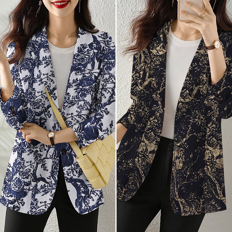 Women's Button Printed Long-sleeved Pocket Vintage Cotton And Linen Blazer - SANDO 