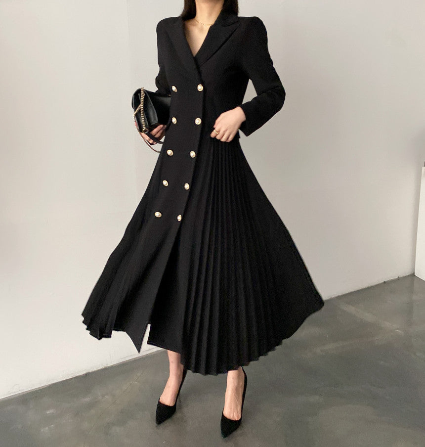 French Style Elegant Special Interest Light Luxury Slimming Double Breasted Pleated Long Dress - SANDO 