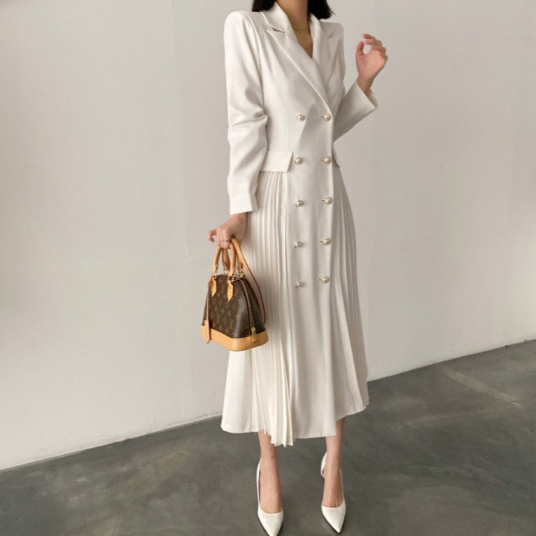 French Style Elegant Special Interest Light Luxury Slimming Double Breasted Pleated Long Dress - SANDO 