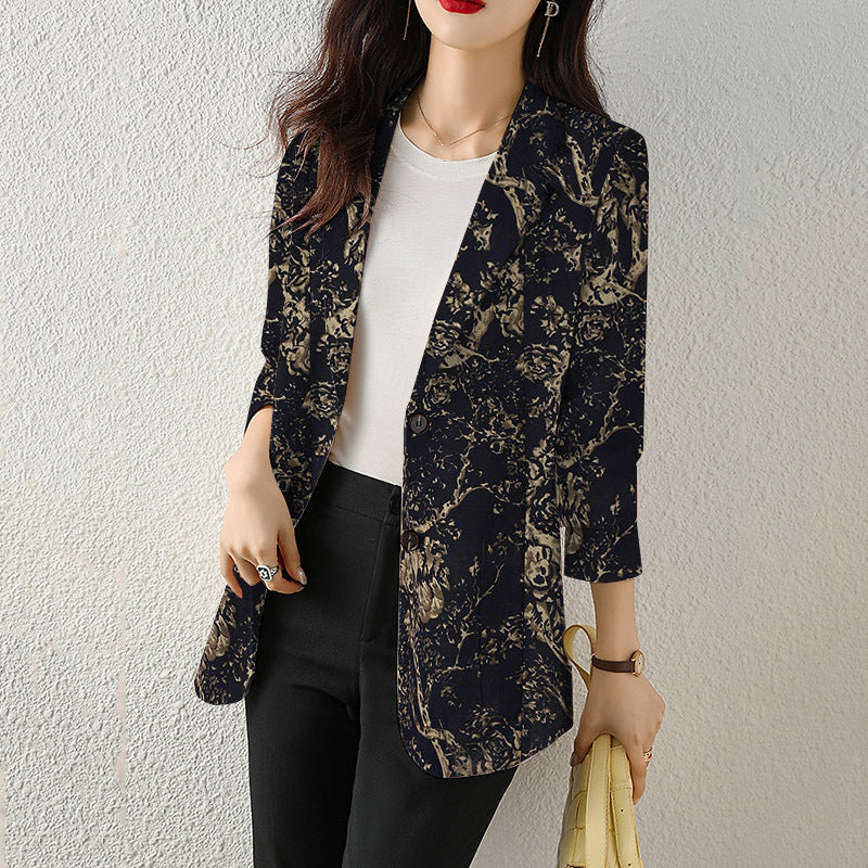 Women's Button Printed Long-sleeved Pocket Vintage Cotton And Linen Blazer - SANDO 