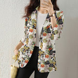 Women's Button Printed Long-sleeved Pocket Vintage Cotton And Linen Blazer - SANDO 