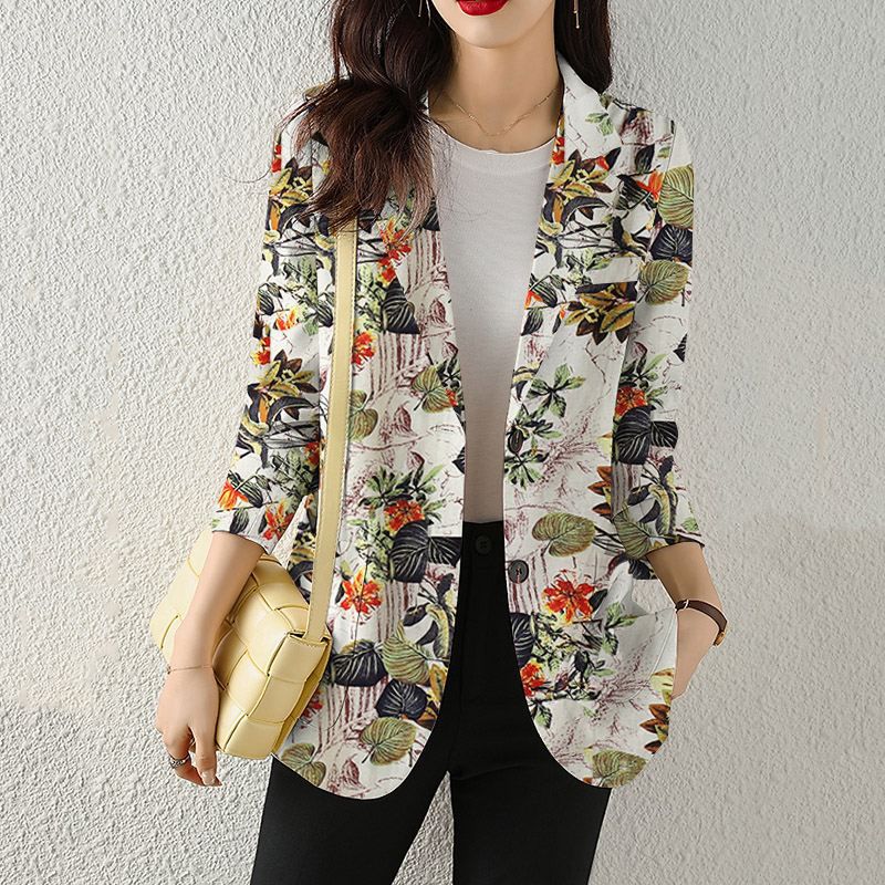 Women's Button Printed Long-sleeved Pocket Vintage Cotton And Linen Blazer - SANDO 