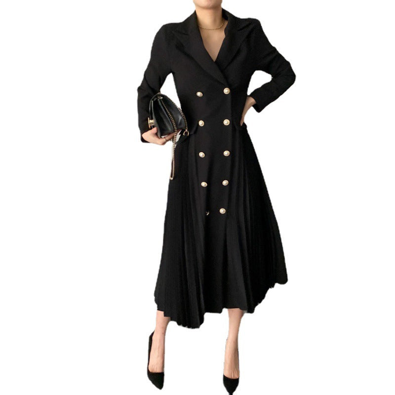 French Style Elegant Special Interest Light Luxury Slimming Double Breasted Pleated Long Dress - SANDO 