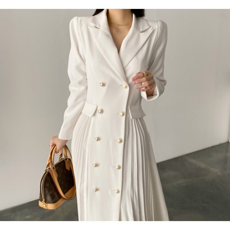 French Style Elegant Special Interest Light Luxury Slimming Double Breasted Pleated Long Dress - SANDO 