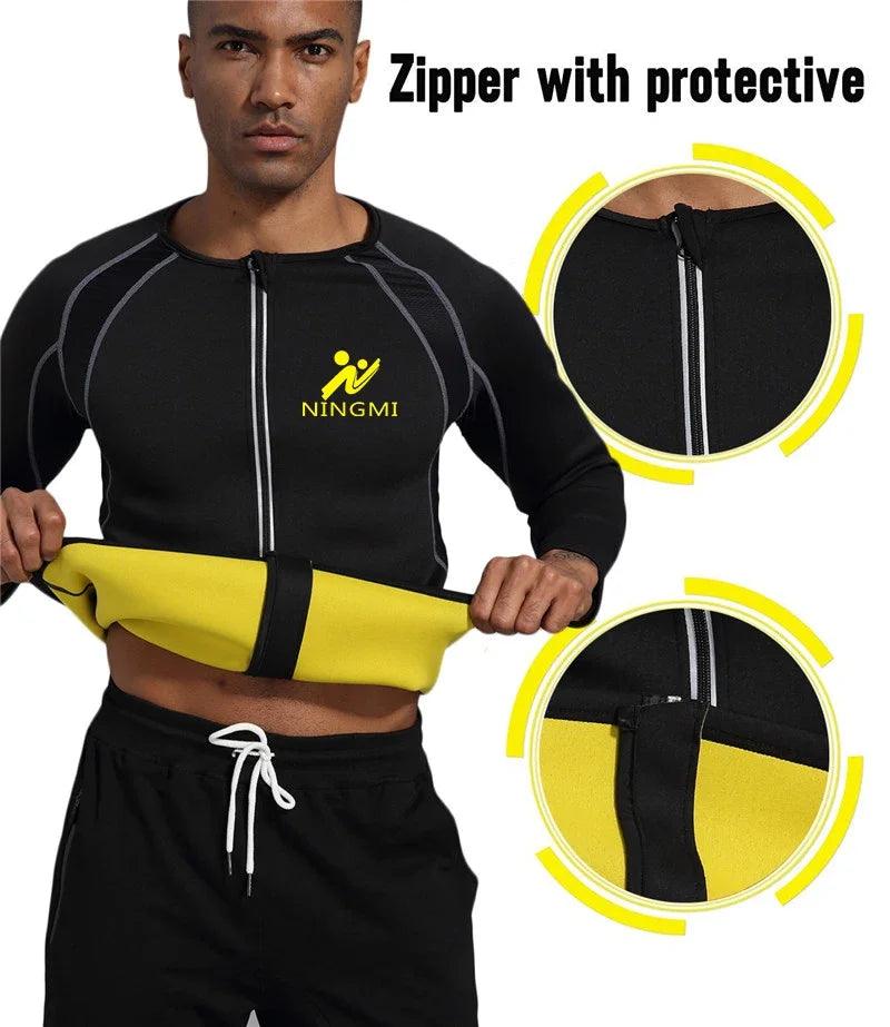 NINGMI Men Slimming Home Gym Shirts Jacket with Long Sleeve Fitness Tights Weight Loss Neoprene Sauna Waist Trainer Body Shapers - SANDO 