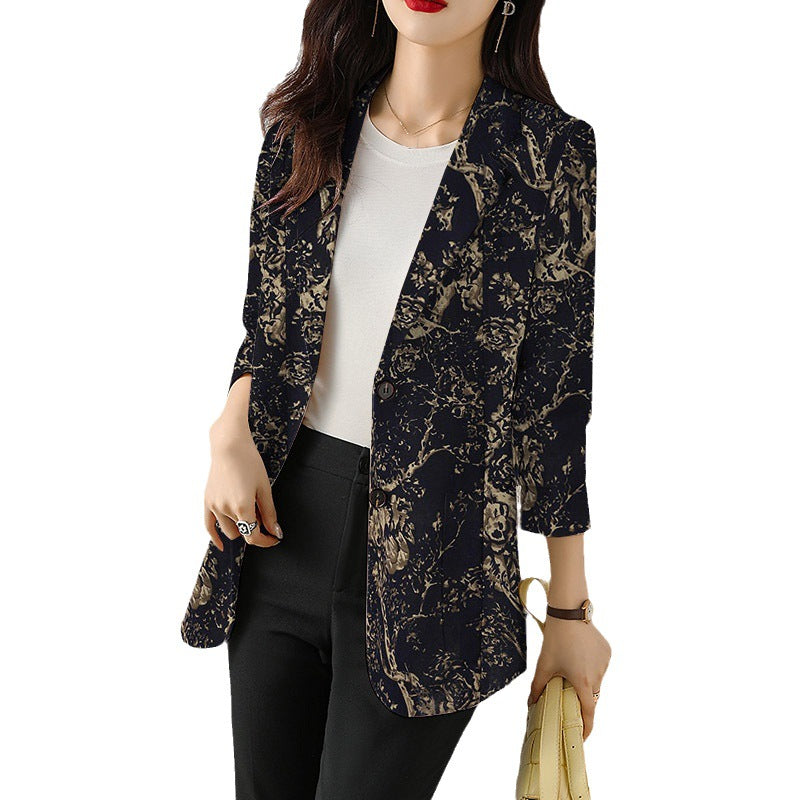 Women's Button Printed Long-sleeved Pocket Vintage Cotton And Linen Blazer - SANDO 