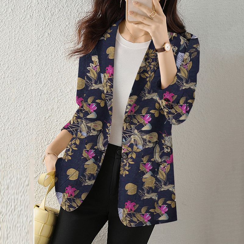 Women's Button Printed Long-sleeved Pocket Vintage Cotton And Linen Blazer - SANDO 