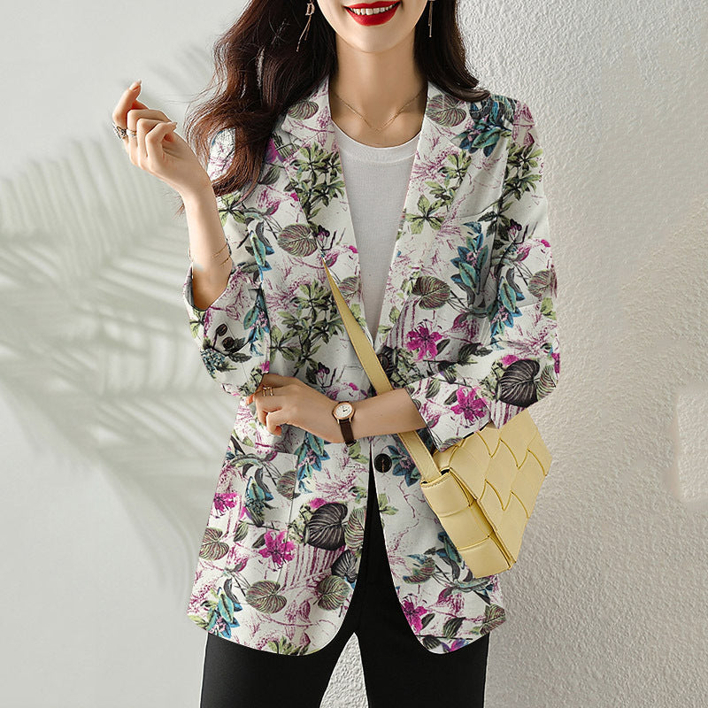 Women's Button Printed Long-sleeved Pocket Vintage Cotton And Linen Blazer - SANDO 