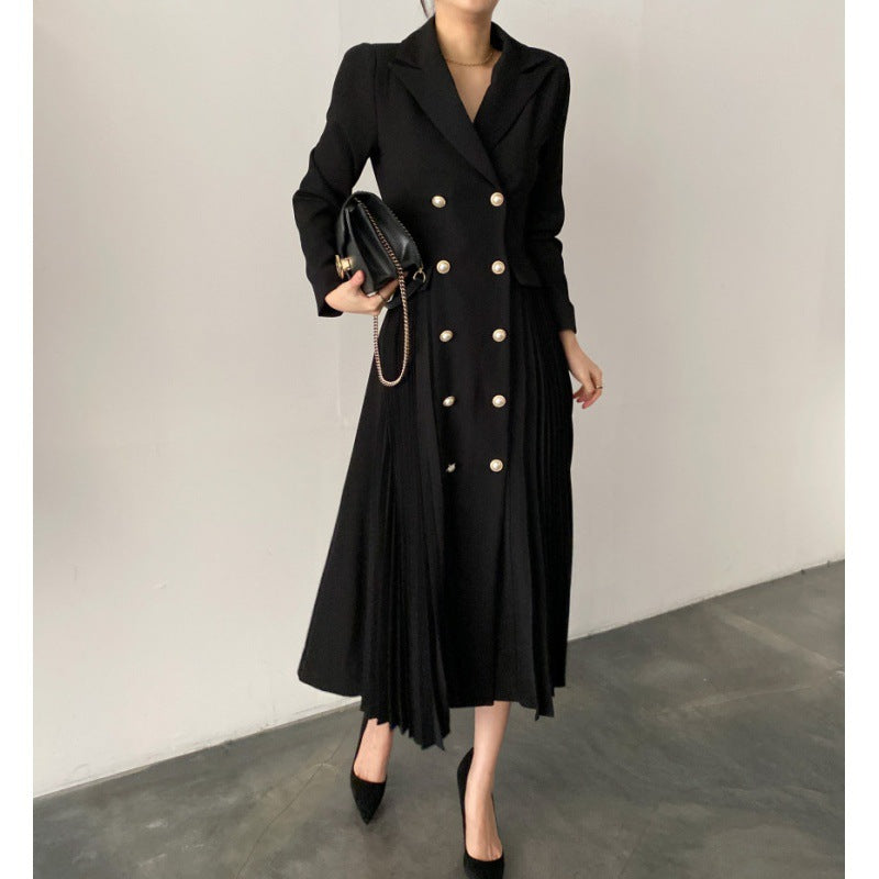 French Style Elegant Special Interest Light Luxury Slimming Double Breasted Pleated Long Dress - SANDO 